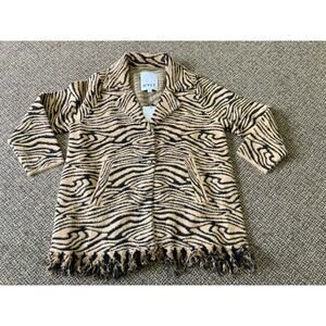 NVLT NWT Womens 1X Tiger Rust Animal Print Notch Collar Fringe Trim Fuzzy Coat